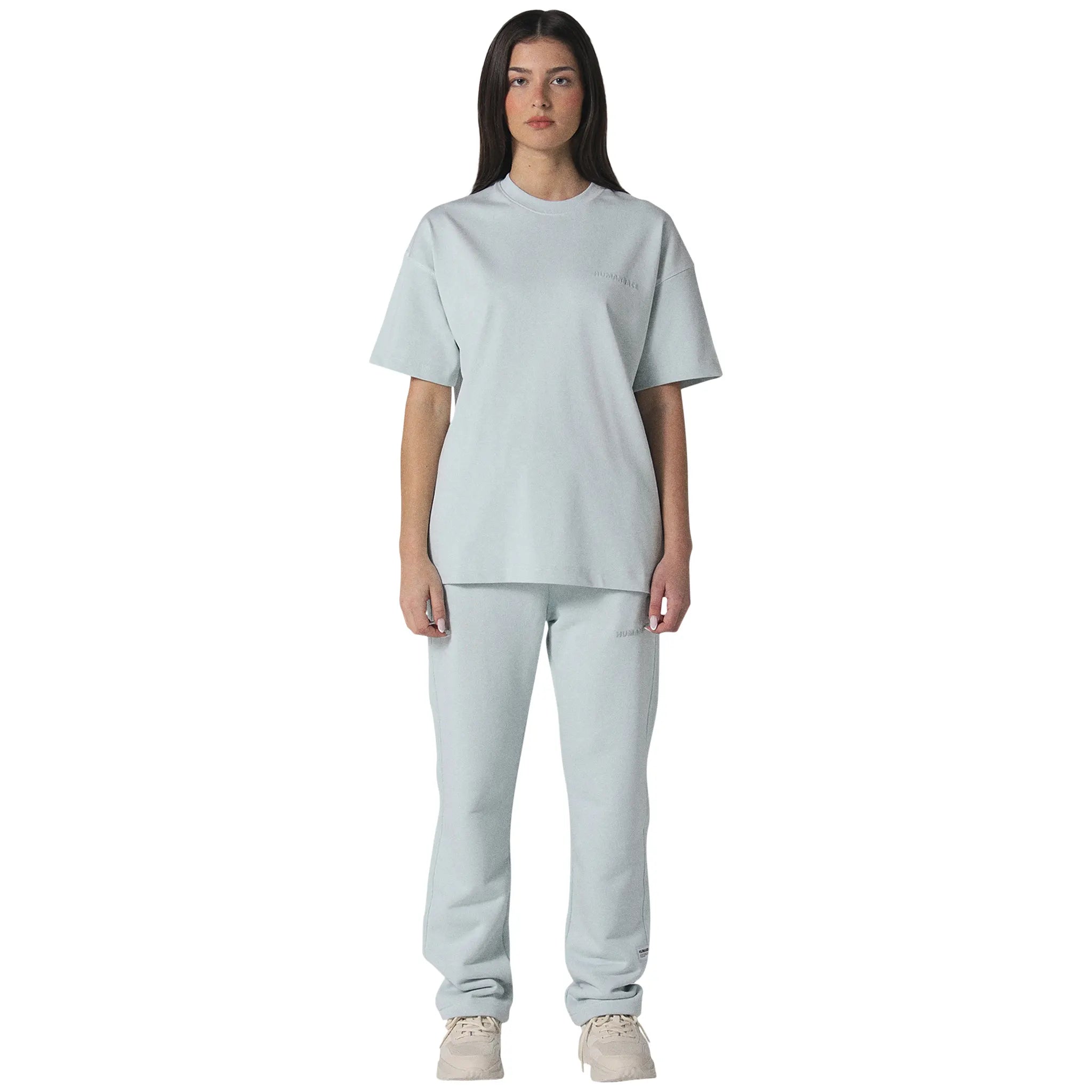 Model full view of Human Race Mars Straight Leg Soft Blue Sweatpants